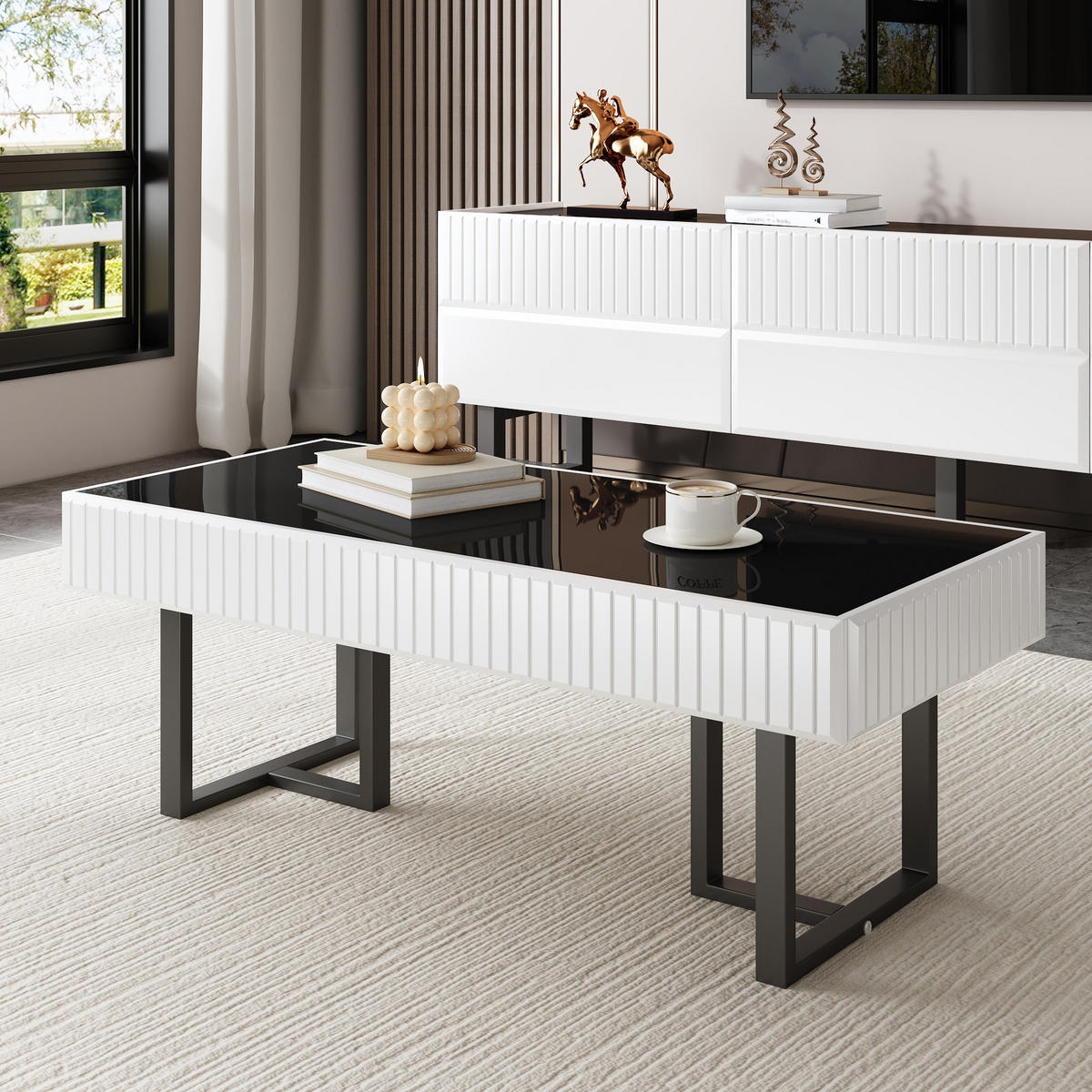 COUCHTISCH 110/50.5/41 cm in Schwarz-Weiß aus MDF und Spanplatte mit hochglänzender Tischplatte - Schwarz, Holzwerkstoff (110/50.5/41cm) - OKMYHOME