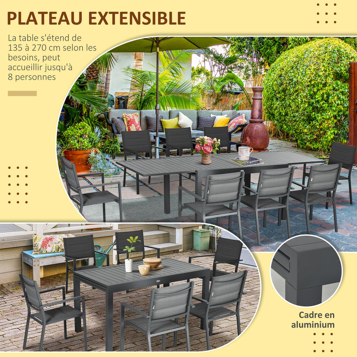 GARTENTISCHGRUPPE DE-18087 ausziehbar 135-270 cm, Aluminium/Textilene Grau - Grau, Metall - ComfortXL