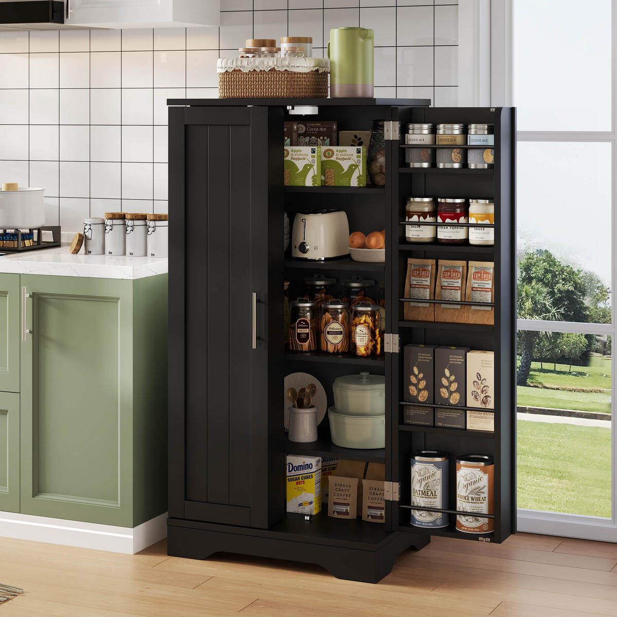 AUFBEWAHRUNGSSCHRANK 120x60x40cm Schwarz mit LED Licht & Wellentüren - Schwarz, Holzwerkstoff (40/120/60cm) - Modfu