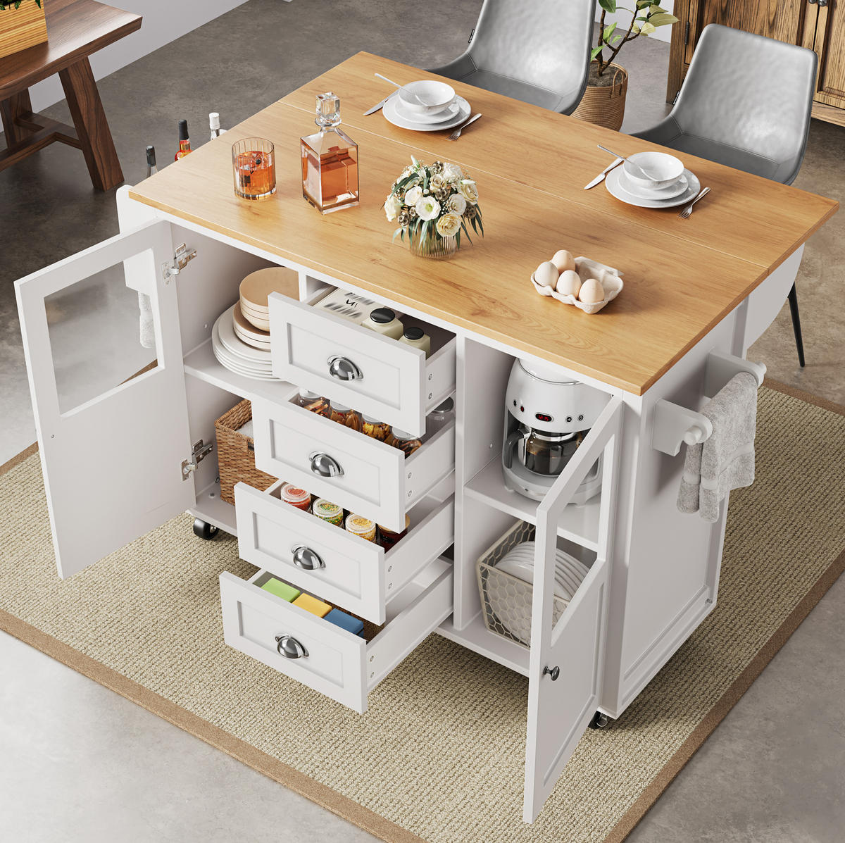 KÜCHENINSEL 137,9/73/92,5 cm Weiß aus MDF und Metall mit Klapptisch - Weiß, Holzwerkstoff (73/92.5/137.9cm) - OKMYHOME