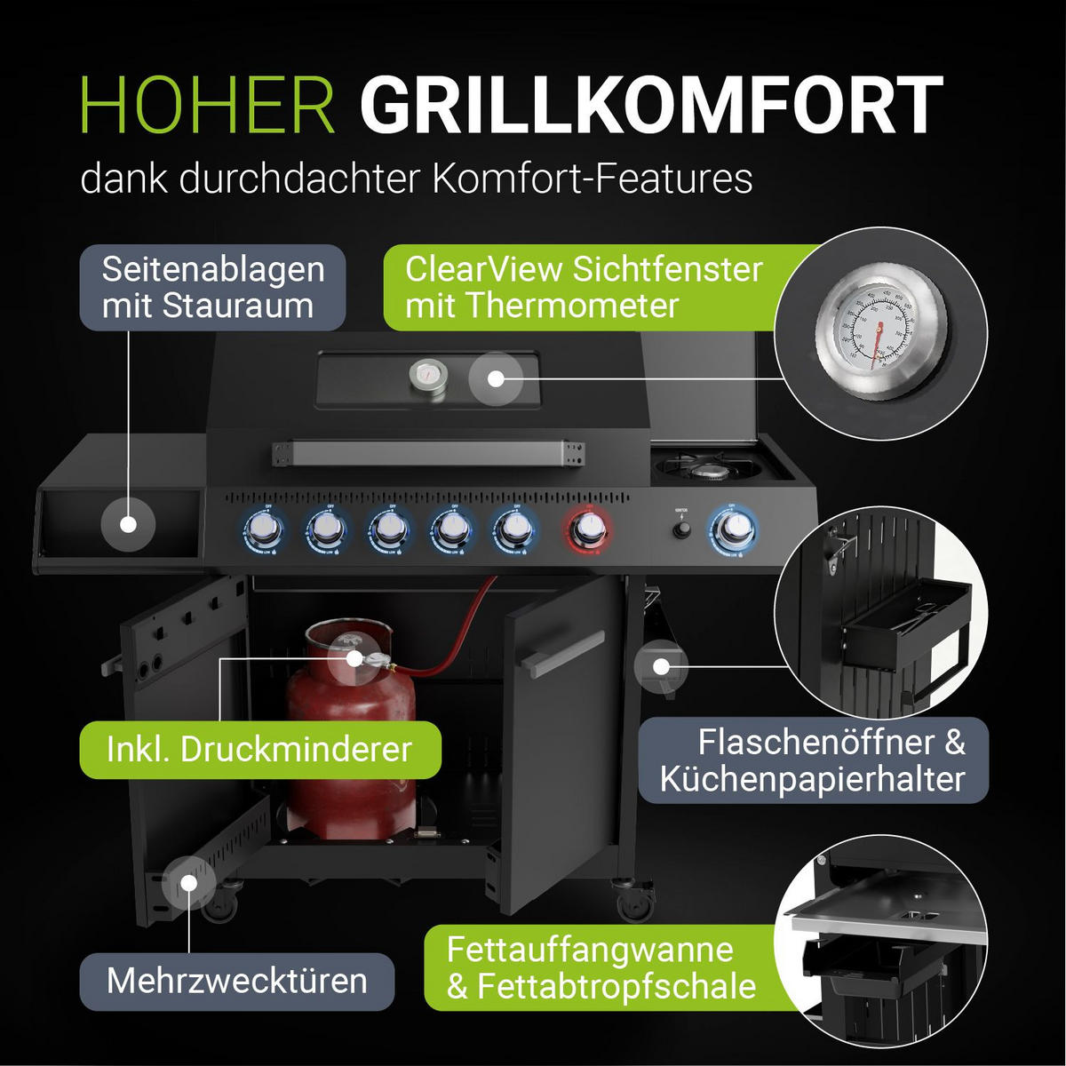 GASGRILL Tennessee Schwarz 6+1 - Schwarz, Metall (145/117/55cm) - Juskys