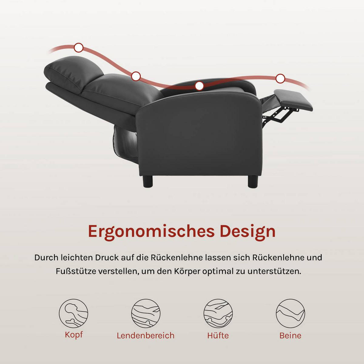 RELAXSESSEL mit Liegefunktion, Kunstleder, Grau - Schwarz/Grau, Kunststoff/Textil (65.5/102/89cm) - Woltu
