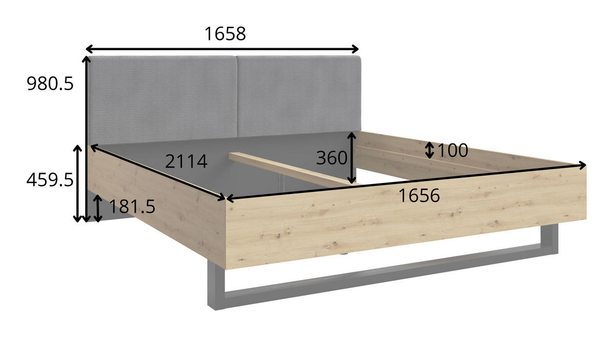 DOPPELBETT Upsala graphit / Eiche Artisan 165 / 98 / 211cm - Eichefarben/Graphitfarben, Holz/Holzwerkstoff (160/200cm) - Feldmann-Wohnen