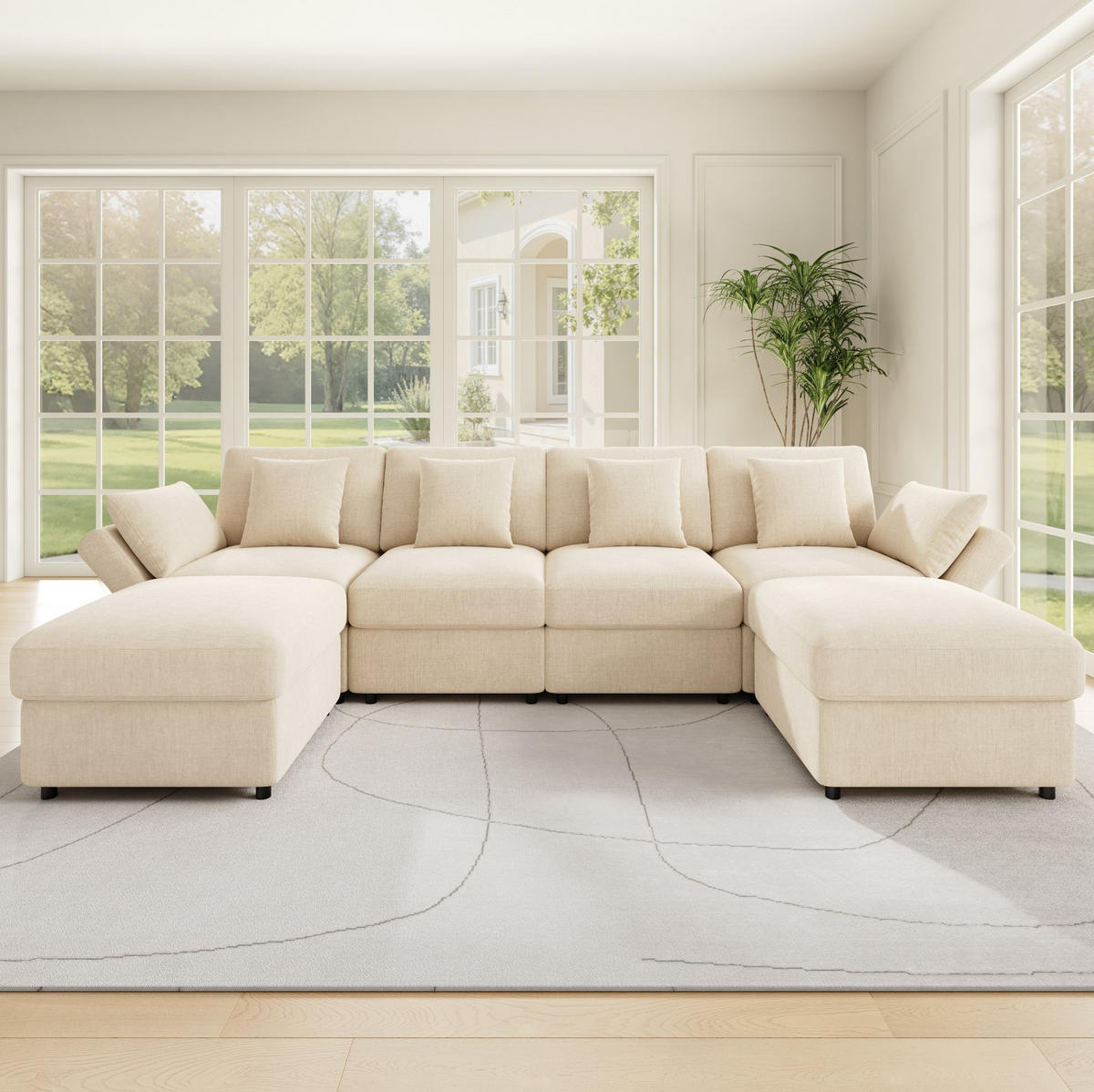 MODULARES Ecksofa 284/156,5/86 cm aus Chenille mit verstellbaren Armlehnen Beige - Beige, Textil (156.5/284cm) - Modenvie