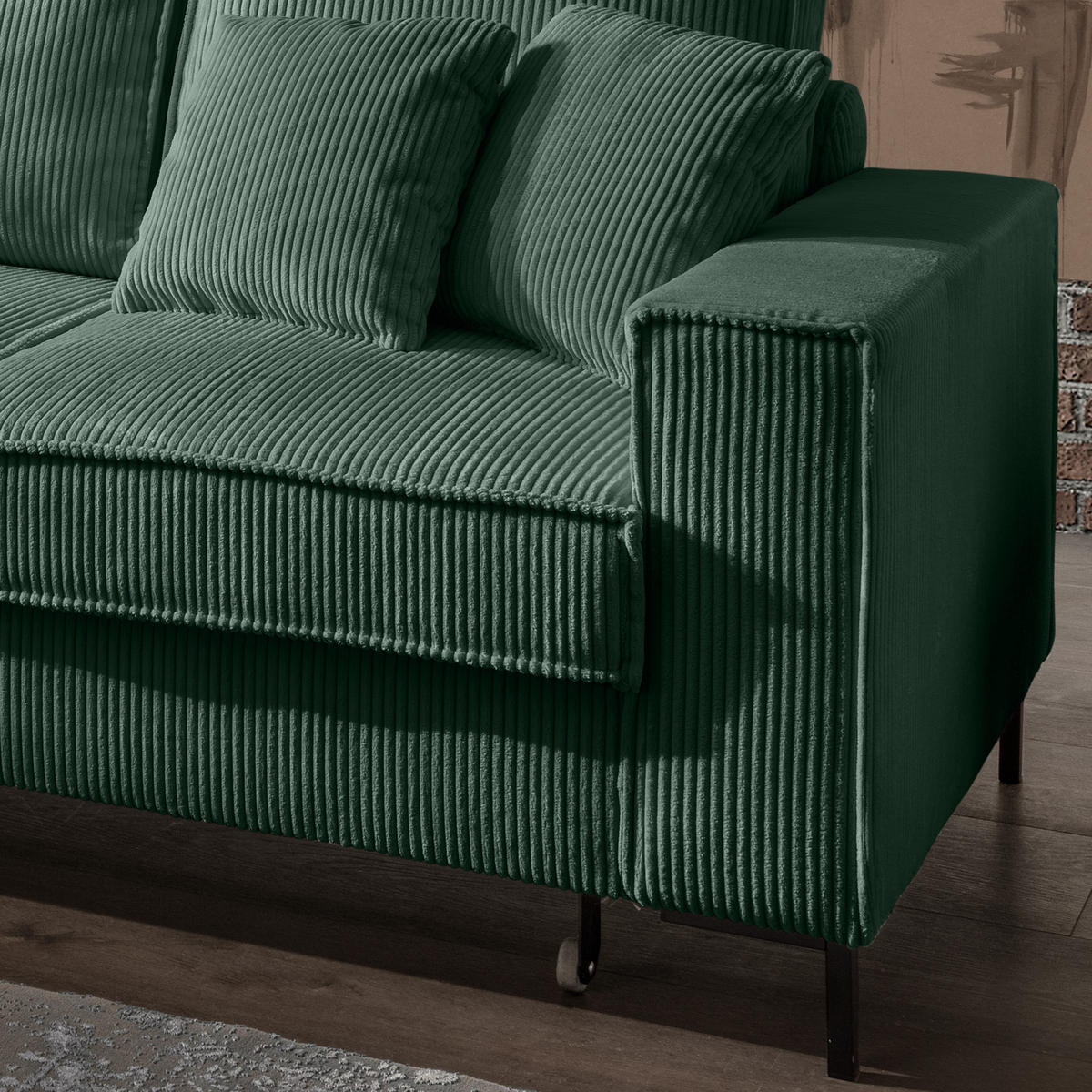 ECKSOFA mit Schlaffunktion, Bettkasten, Wellenunterfederung, Récamiere links B240/T150/H92 cm, Liegefl. 125x198 cm, Cord Grün / 17224 - Schwarz/Grün, Textil/Metall (240/150cm) - luma-home