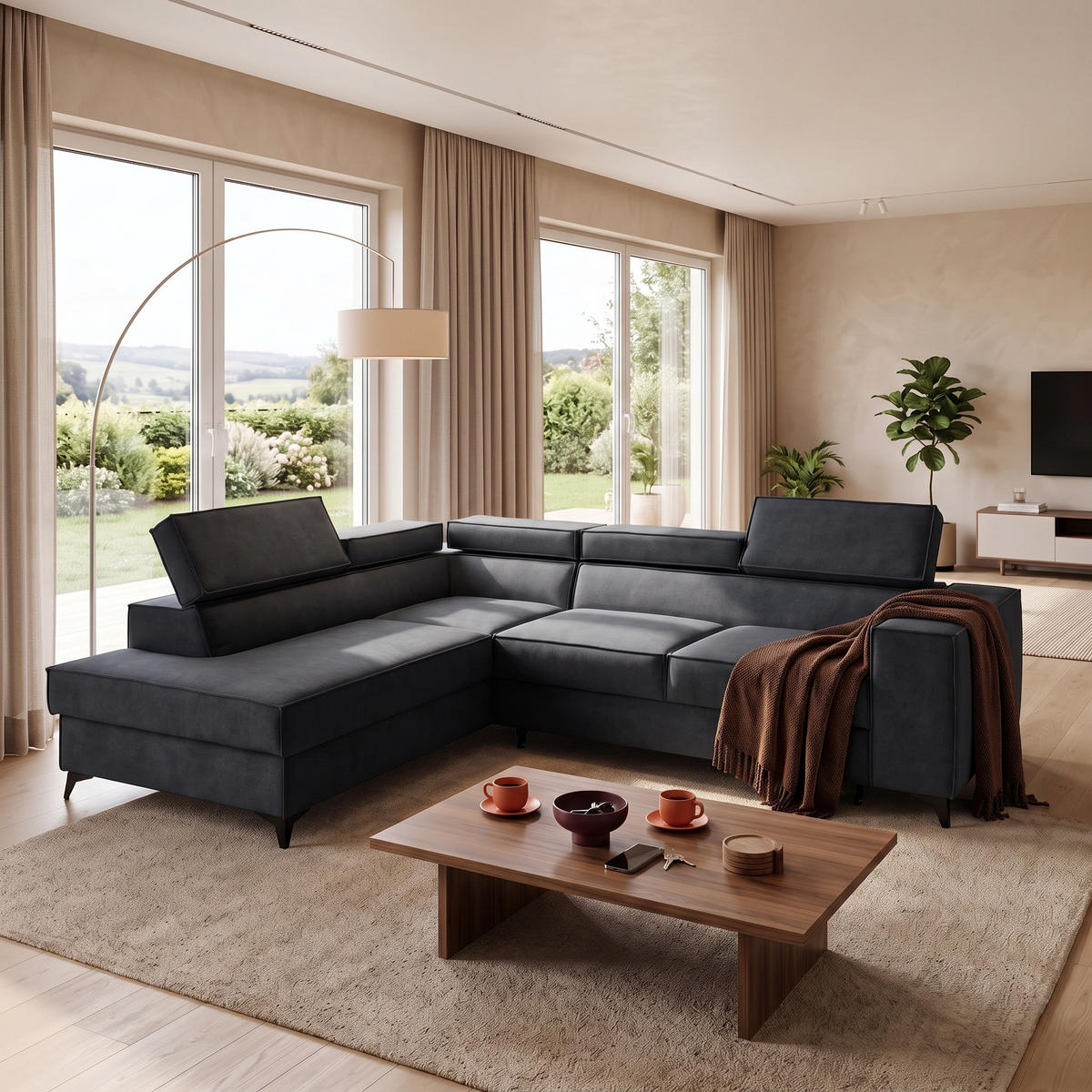 ECKSOFA PURE L Links mit Schlaffunktion 127x199 Velours Graphit - Graphitfarben/Schwarz, Holz/Textil (281/204cm) - Muffo