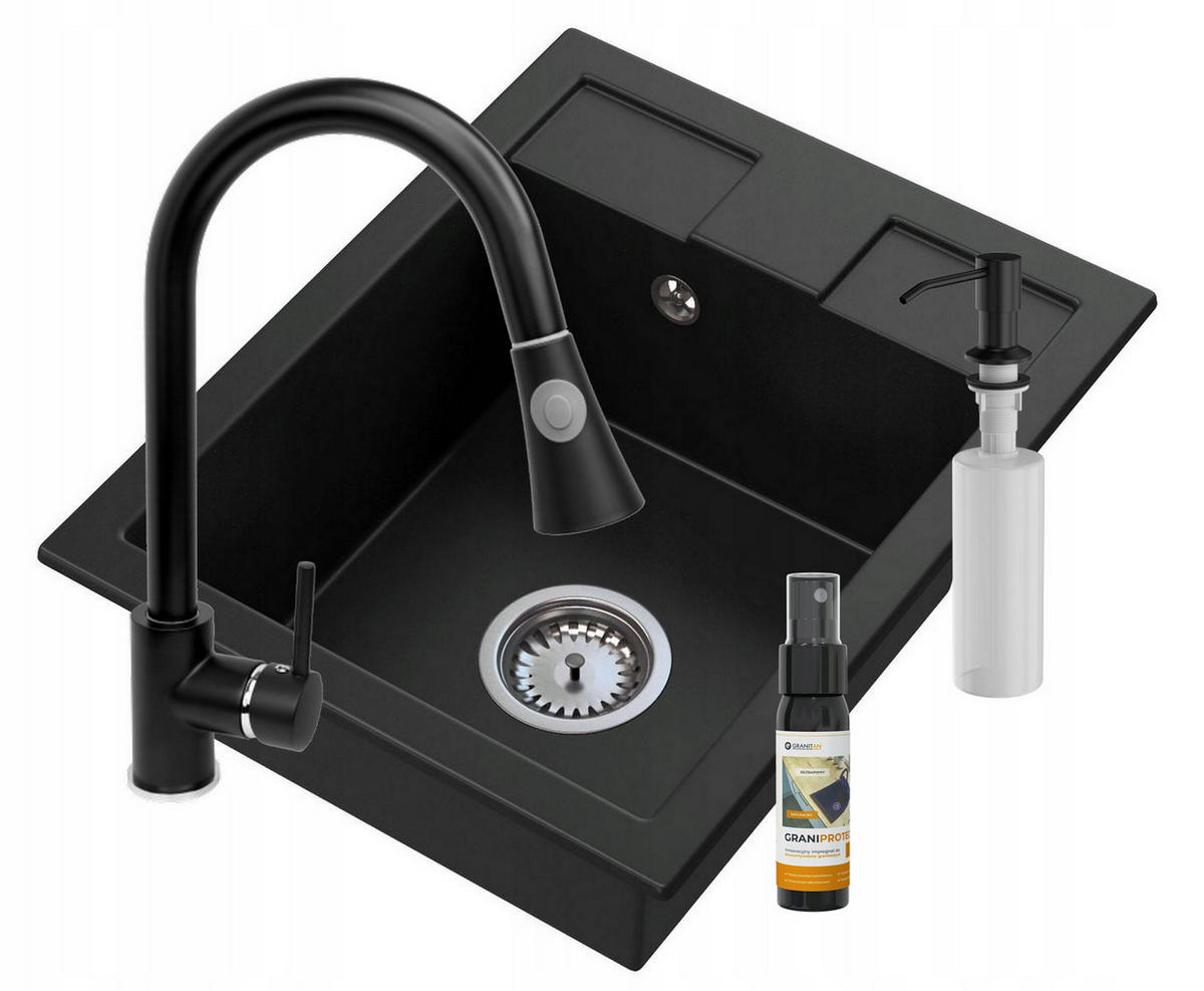 GRANITSPÜLE Best mit Batterie Siphon - Schwarz, Kunststoff/Stein (50/40/18cm) - Granitan