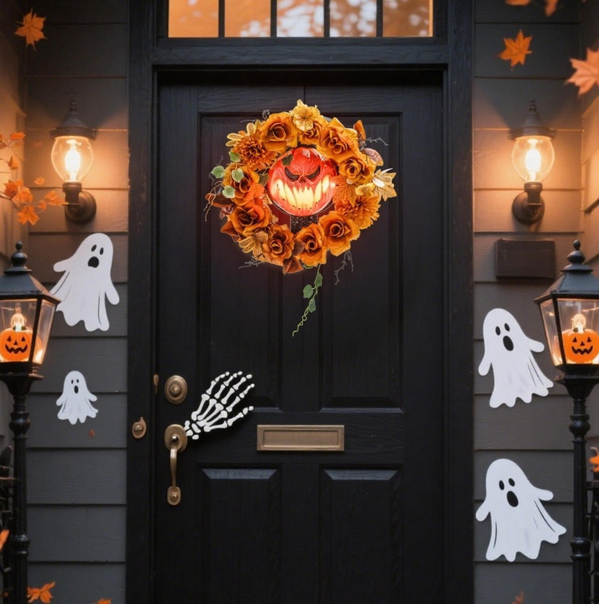 HALLOWEEN-DEKORATION 44/9/44 cm orange aus Stahl mit 44 LEDs - Orange, Metall (9/44/44cm) - OKWISH