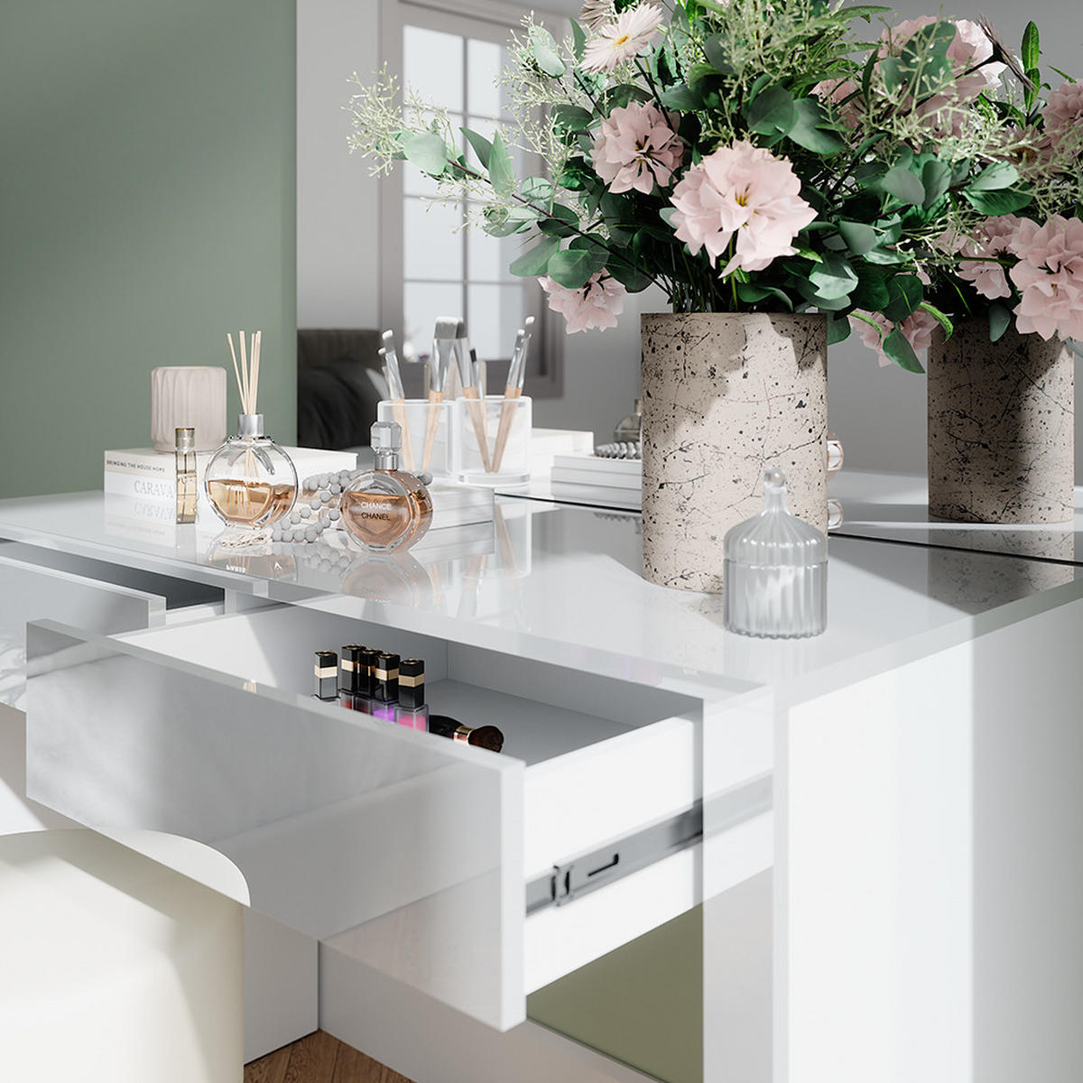 SCHMINKTISCH Annabelle Weiß Hochglanz/Weiß 110 cm mit Spiegel und Hocker - Weiß Hochglanz/Weiß, Holzwerkstoff (110/75.5/50cm) - Vicco