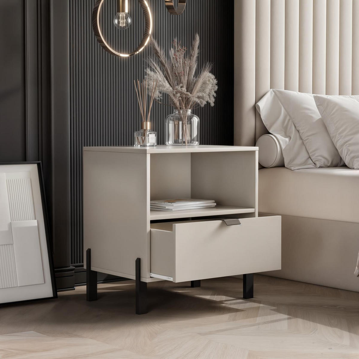 NACHTTISCH Calma Sandbeige, mit Schublade - Beige/Schwarz, Holzwerkstoff (57/55/45cm) - Bettso