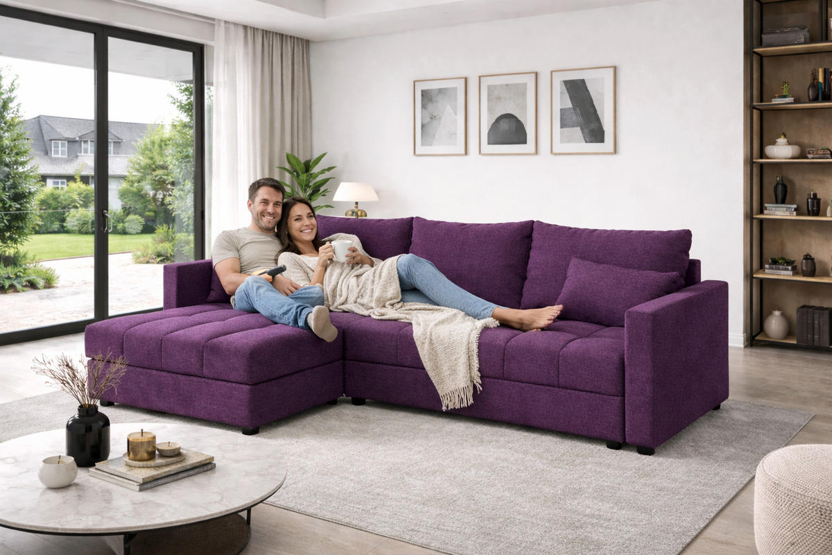 WOHNLANDSCHAFT AURELIA– Ecksofa in L-Form mit Schlaffunktion Bettkasten & Kissen Stoff KRONOS 226 cm Violett - Violett, Kunststoff (226/140cm) - Wohnideebilder
