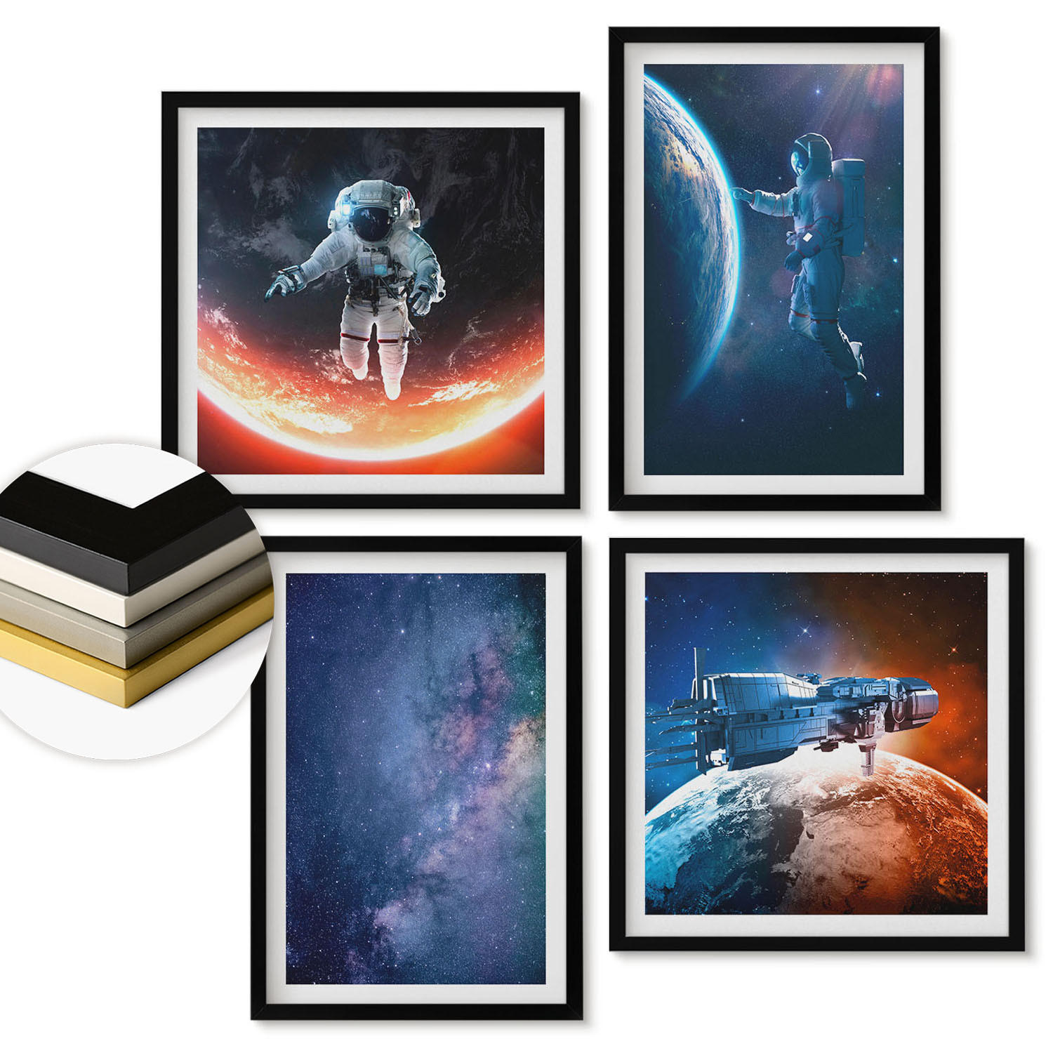 WANDBILDER 4er-Set - 50x50 cm & 40x60 cm Schwarzer Rahmen - Weltraum-Astronauten-Sterne - Schwarz, Kunststoff (50/50cm) - ArtPrintCave