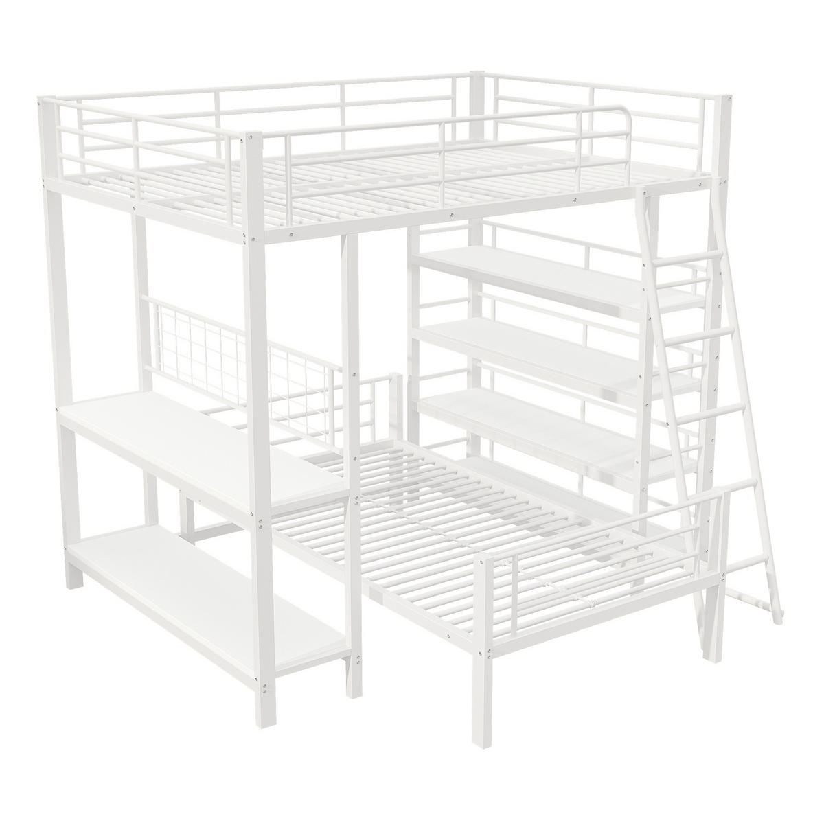 ETAGENBETT aus Metall und MDF 140x200/90x200 cm Weiß mit Ablagefächern, trennbar und platzsparend - Weiß, Metall (90/200cm) - Modfu