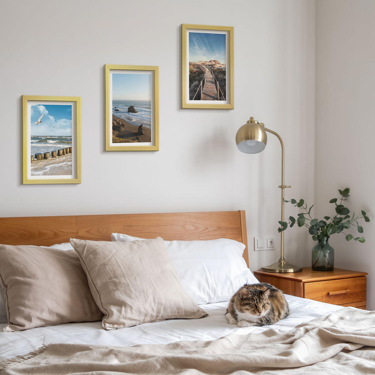 WANDBILDER 3er Set - 20x30 cm Goldrahmen - Strandwellen, Himmelsbrücke, Spaziergang - Goldfarben, Kunststoff (20/30cm) - ArtPrintCave