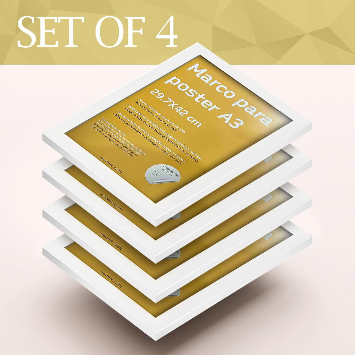 RAHMEN Set mit 4 aus MDF und Acrylglas Schutz und Aussteller für Fotografien, Bilder, Poster, Gemälde, Dekoration für Haus Farbe Weiß A3 - Weiß, Holz (29.7/3/42cm) - Nacnic