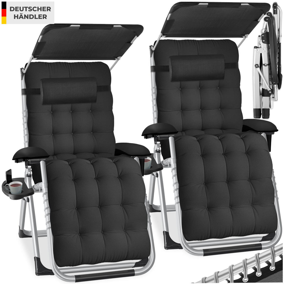 SONNENLIEGE Cloud Ii, mit Ablagetisch und Stautasche, schwarz - Schwarz, Kunststoff (84/103/168cm) - tectake