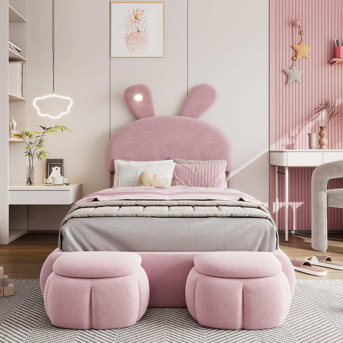 KINDERBETT 90x200cm mit zwei Aufbewahrungshockern, rosafarbener Samtstoff - Pink, Holz (90/200cm) - KOMHTOM