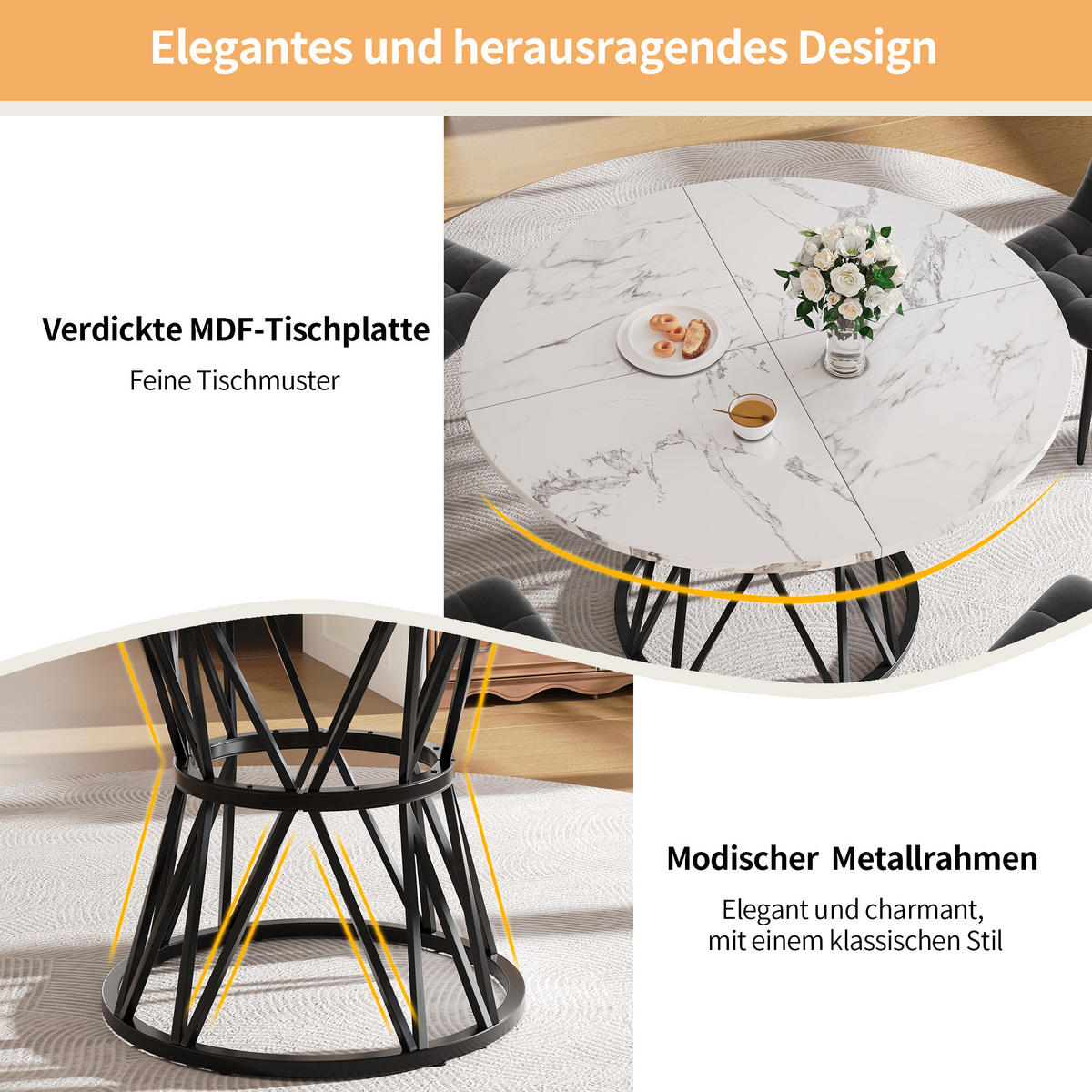 ESSTISCH 100/100/76 cm Schwarz runder Tisch aus MDF in Marmoroptik mit Metallgestell - Schwarz, Holzwerkstoff (100/100/76cm) - OKWISH