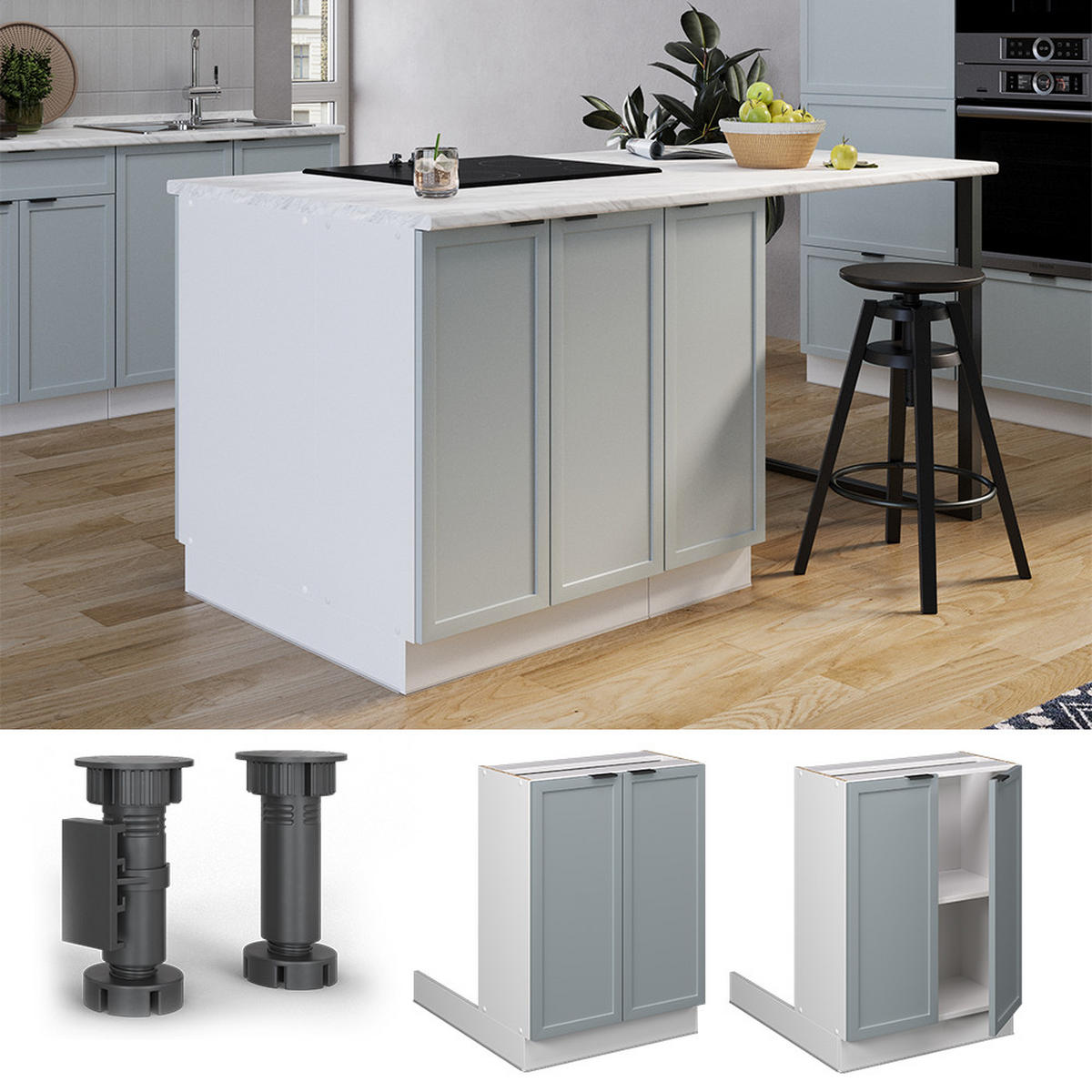 KÜCHENINSEL Fame-Line Hellblau-grau 60 cm ohne AP - Blaugrau/Weiß, Holzwerkstoff (60/82/30cm) - Vicco