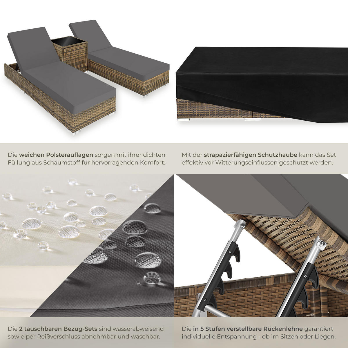 RATTAN-SONNENLIEGE 2er Set,wetterfest und UV-beständig,natur - Naturfarben, Kunststoff (60/21/184cm) - tectake