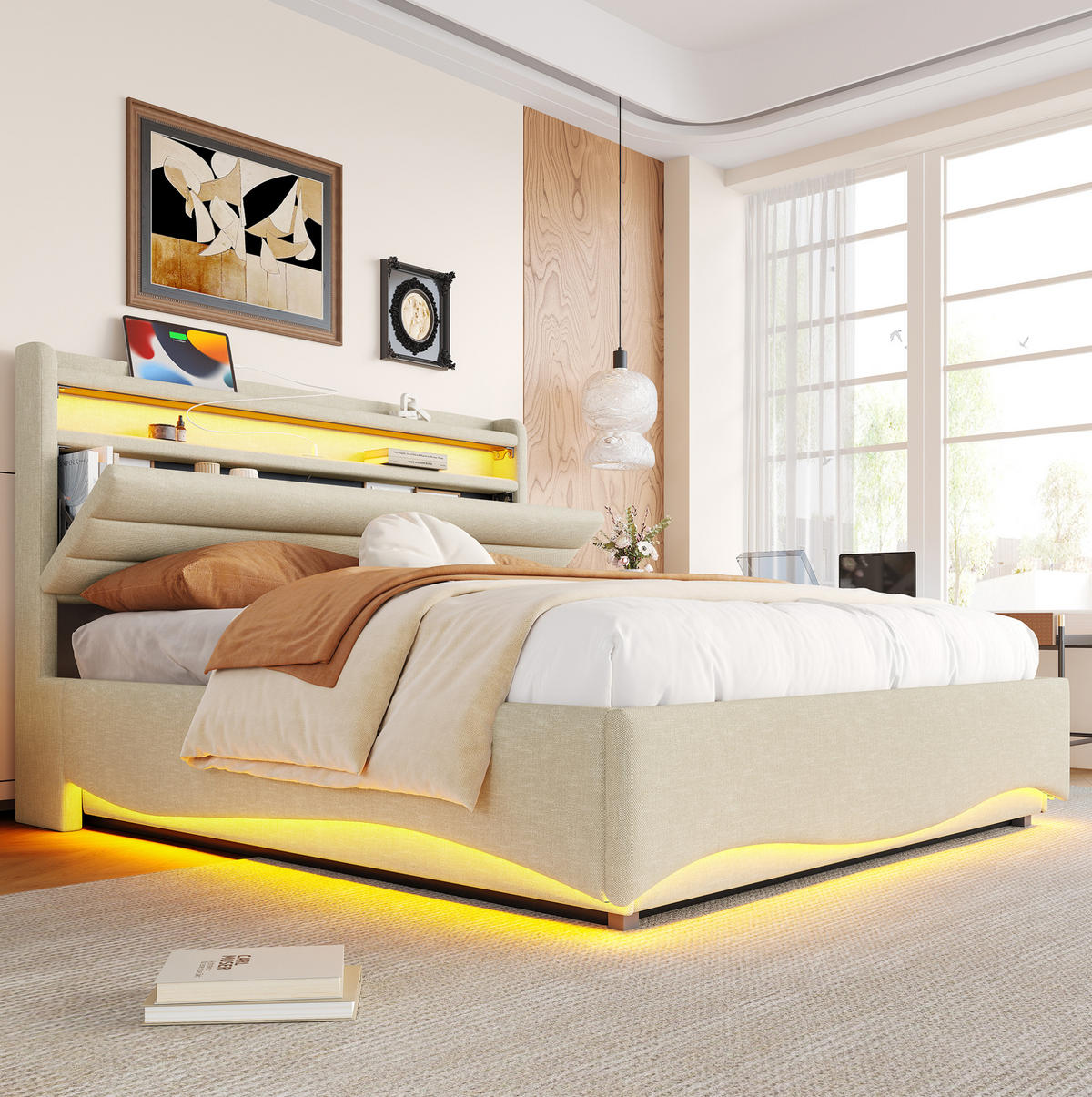 ČALÚNENÁ posteľ 140/200 cm s LED osvetlením, hydraulickým úložným priestorom a USB/Typ-C portami, Sivá - sivá, textil (140/200cm) - Redom