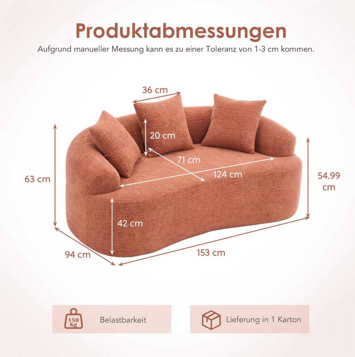 SOFA 2-Sitzer extra tiefe Sitzfläche Chenille Coral - Braun, Kunststoff (153/63/94cm) - Meubliv