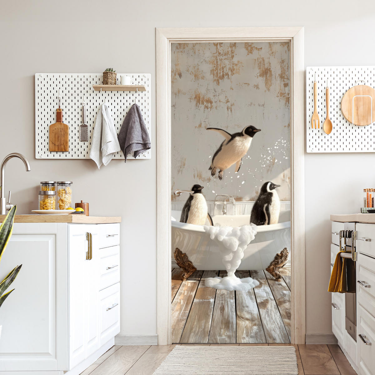 FOTOTAPETE Tür - Vintage - Pinguin - Badewanne - Schaumstoff 95x215 cm - Hellbraun, Kunststoff (95/0.1cm) - MuchoWow