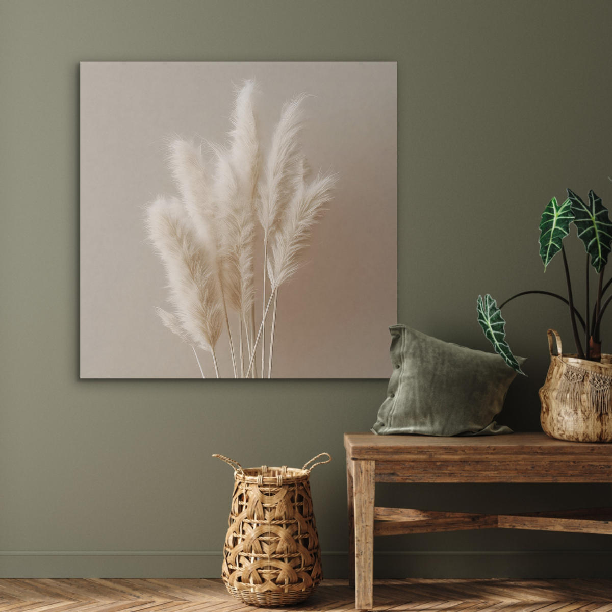 AKUSTIKPANEEL Pampasgras - Federn - Pastell - Weiß 90x90 cm - Naturfarben, Textil (90/0.9/90cm) - MuchoWow