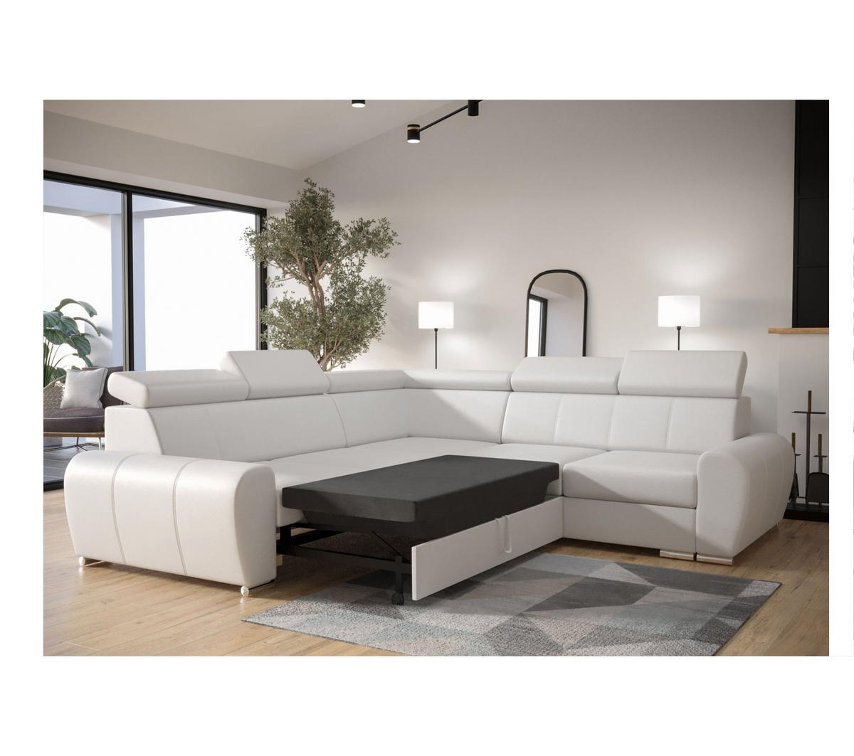 ECKSOFA APOLLO,mit Schlaffunktion und Bettkasten, Farbe: Dunkelgrau, Kunstleder, Ottomane Links - Dunkelgrau, Textil (255/255cm) - O-Sofa