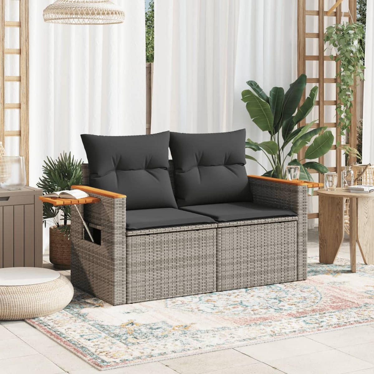 LOUNGESOFA mit Beistelltisch und Stauraum, 124/62/69 cm, aus Poly Rattan, Grau und Schwarz - Grau, Kunststoff (62/69/124cm) - vidaXL