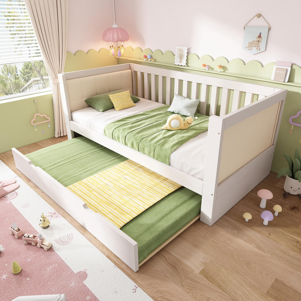DENNÁ posteľ 90/200 cm biela s výsuvným lôžkom z masívneho dreva - biela, textil (90/200cm) - OKWISH