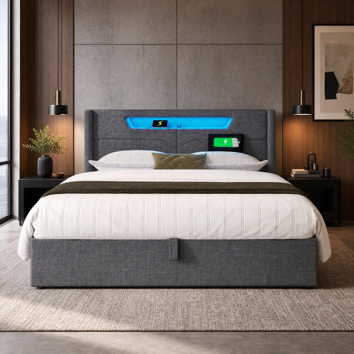 POLSTERBETT 160/200 mit Bettkasten, LED und USB-C-Ladefunktion in Grau - Grau, Textil/Metall (160/200cm) - EVRYAE