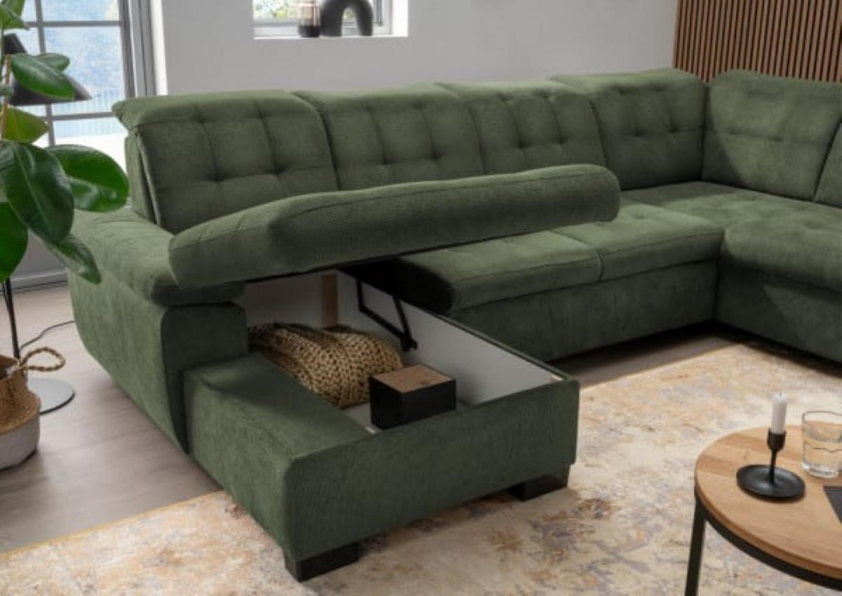 WOHNLANDSCHAFT mit Schlaffunktion und Bettkasten, verstellbare Kopflehnen - Schwarz/Grün, Kunststoff/Textil (216/163/305cm) - myHomelando