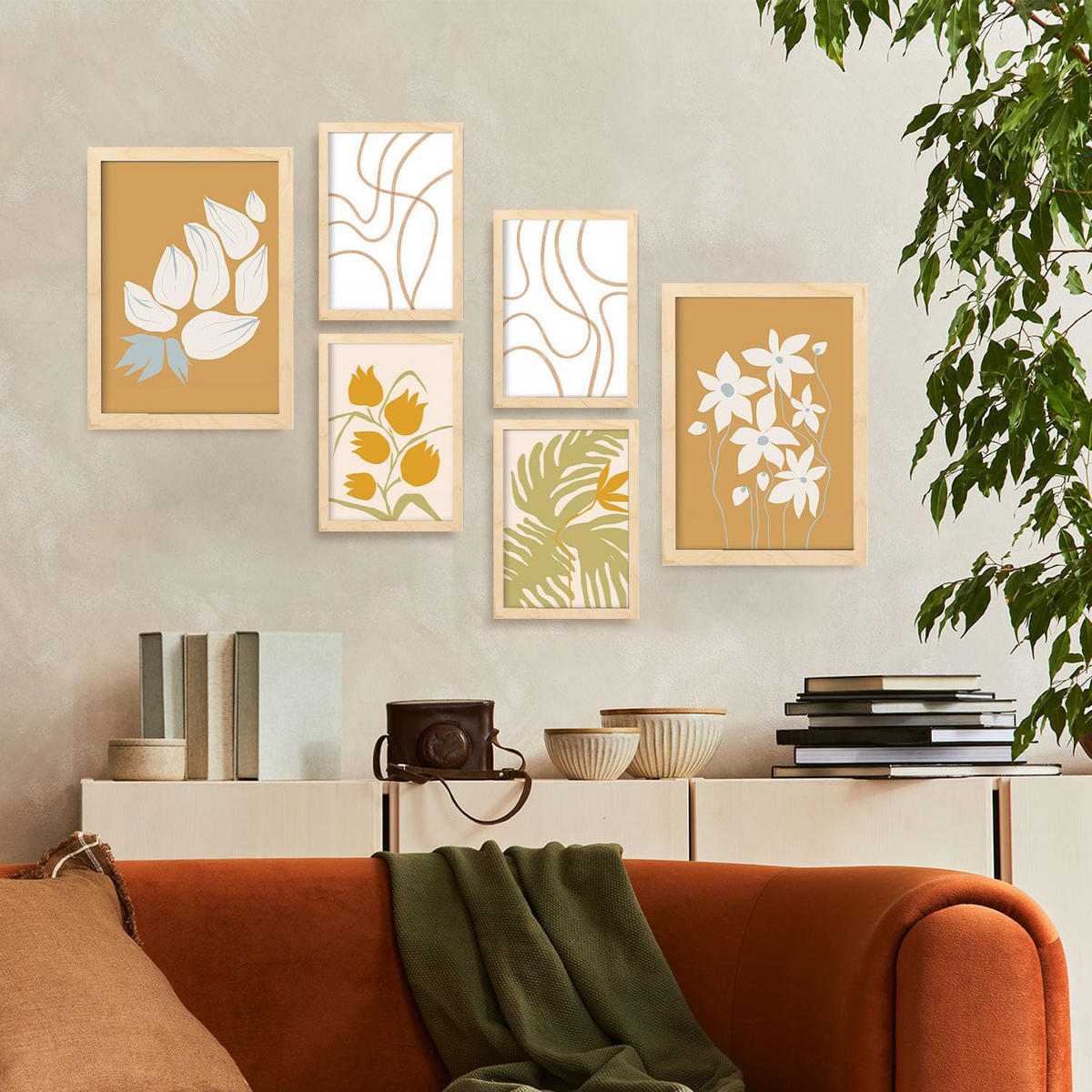 POSTER Set Mit 6 Flora Geht In Blume Zusammenfassung Ästhetische Dekorative Gemälde Für Ihr Wohnzimmer Zuhause A3 & A4 Rahmen Aus Hellem Holz - Beige, Papier (29/3cm) - Nacnic