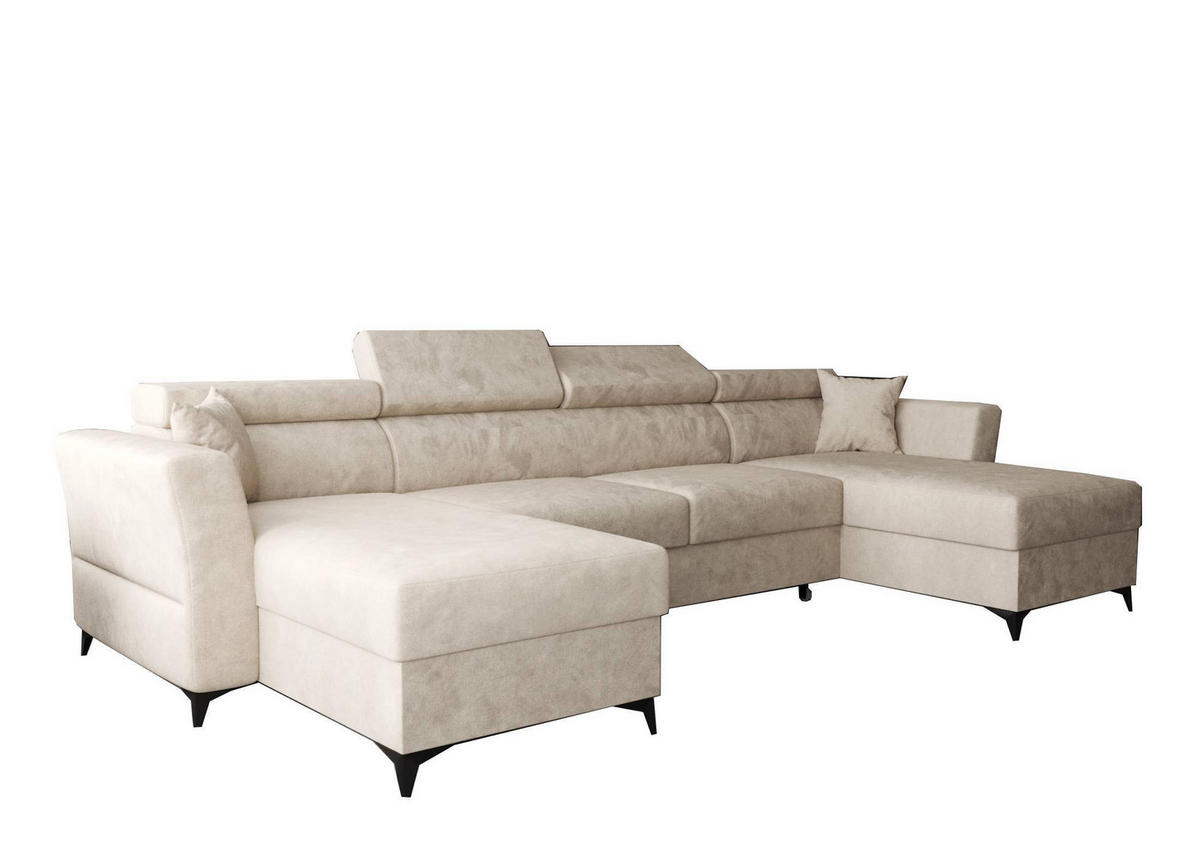 WOHNLANDSCHAFT Ribella Creme 345/180/100 cm mit Schlaffunktion - Beige/Schwarz, Textil/Metall (345/100/180cm) - AX Living