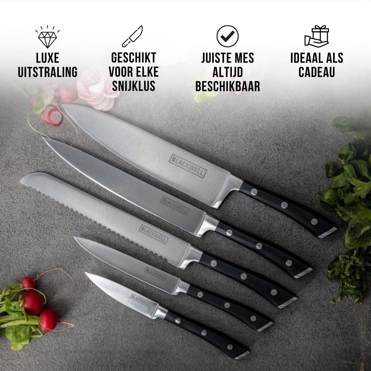 MESSERBLOCK - Deluxe - Kochmesser, Brotmesser, Fleischmesser, Officemesser & Schälmesser 6-teilig - Braun, Holz (2/2/1cm) - Blackwell