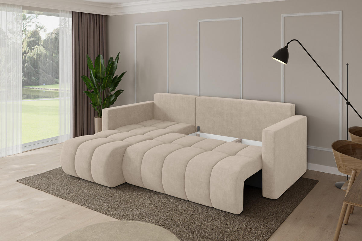 ROHOVÁ SEDAČKA s funkcí spaní, otoman vlevo GARD-L 226x146x85 béžová velur - černá/Sahara, kompozitní dřevo/textil (226/146cm) - ALTDECOR