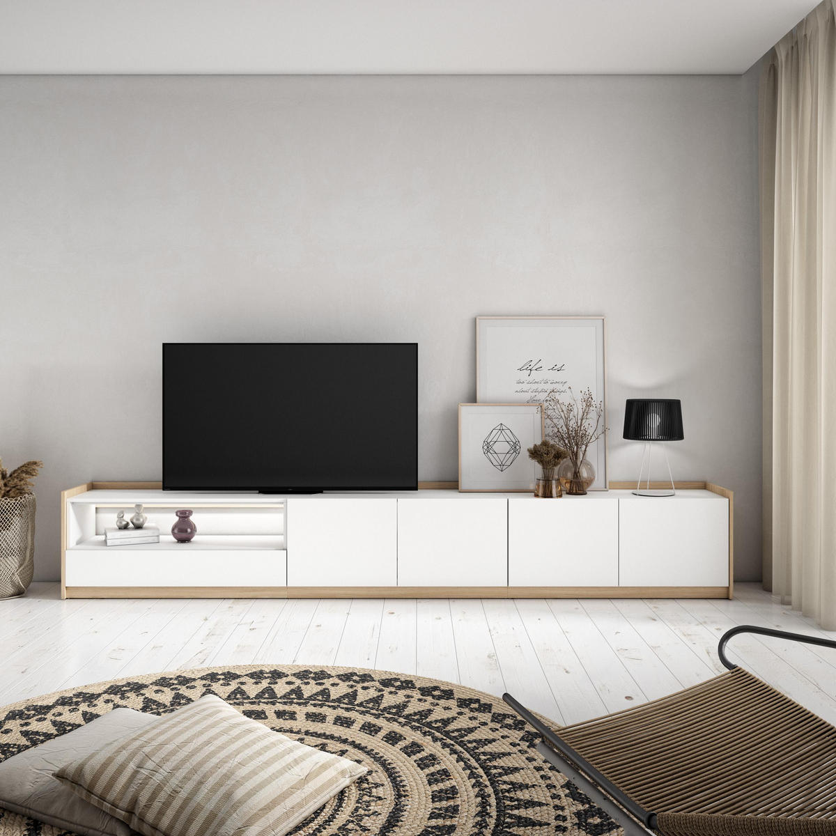 LOWBOARD, Weiß und Eiche, 310/37/50cm, mit Led - Weiß, Holzwerkstoff (310/50/37cm) - Skraut Home