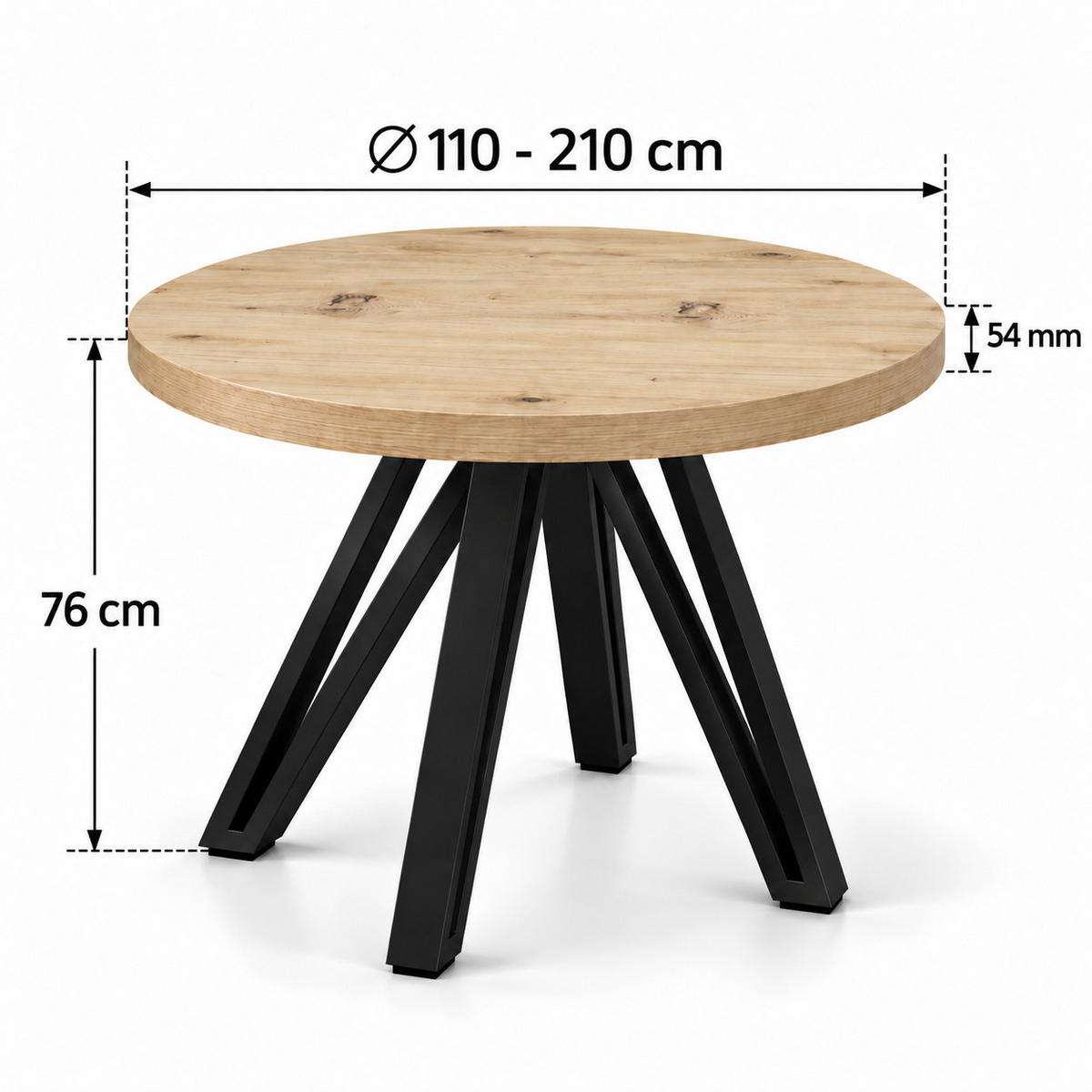 ESSTISCH rund ausziehbar 110/210/76 cm, Artisan Eiche, 54 cm Tischplatte + Industrial Metallgestell Schwarz - Schwarz/Eiche Artisan, Holzwerkstoff/Metall (110/210/76cm) - Damale Möbel
