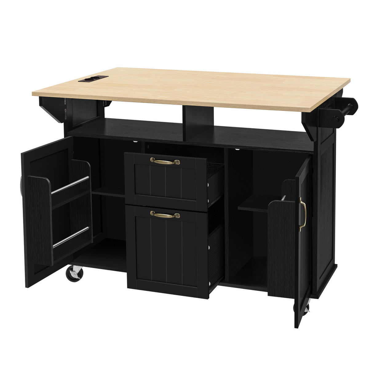 KÜCHENINSEL 120/92/40-60-80 cm Schwarz/Natur aus MDF mit Klapptisch - Schwarz, Holzwerkstoff (80/92/120cm) - OKMYHOME