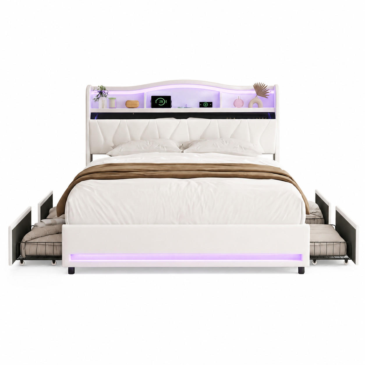 POLSTERBETT 140/200 cm Beige,Bett mit Stauraum, LED-Beleuchtung,USB und Type-C - Beige, Holz/Metall (140/200cm) - FURNISHINGS HOME