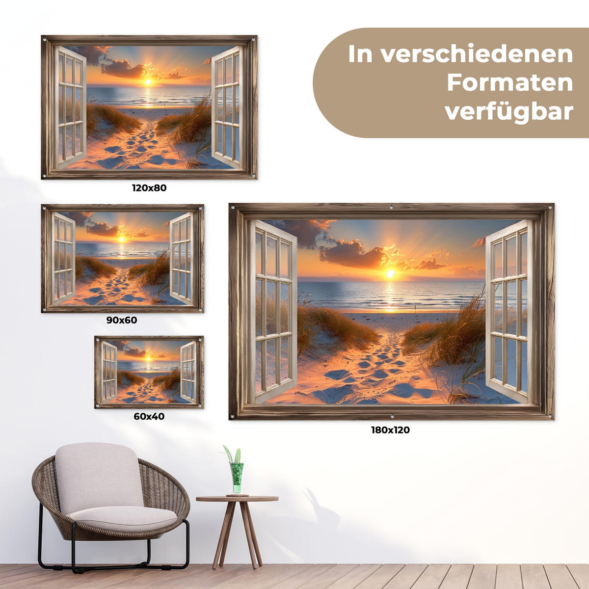 GARTENPOSTER Durchblick - Strand - Dünen - Sonnenuntergang 180x120 cm - Orange, Kunststoff (180/120/0.2cm) - OnlyWow