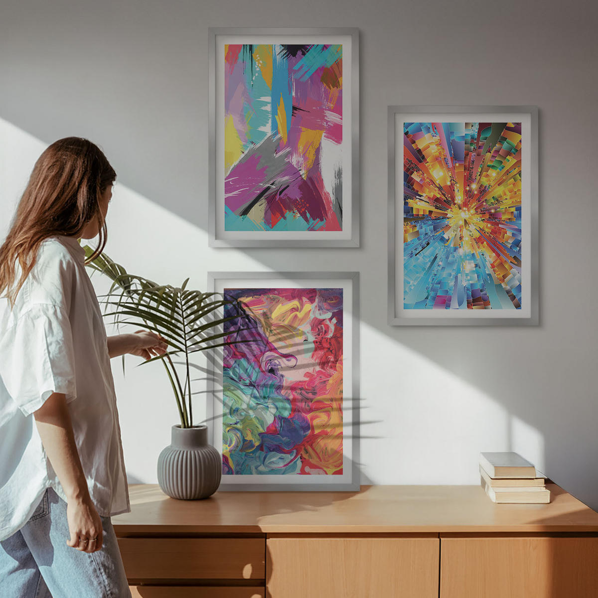 BILDER SET 3er Set - 40x60 cm Silberner Rahmen - Bunte abstrakte Farbmuster - Silberfarben, Kunststoff (40/60cm) - TULUP