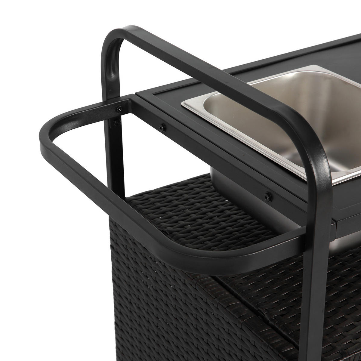 OUTDOOR-BARWAGEN 131 cm Schwarz Stahl & Rattan – Servierwagen mit Eisbehälter, Schrank & Lenkrollen - Schwarz, Metall (131/91/50cm) - Urban Meuble