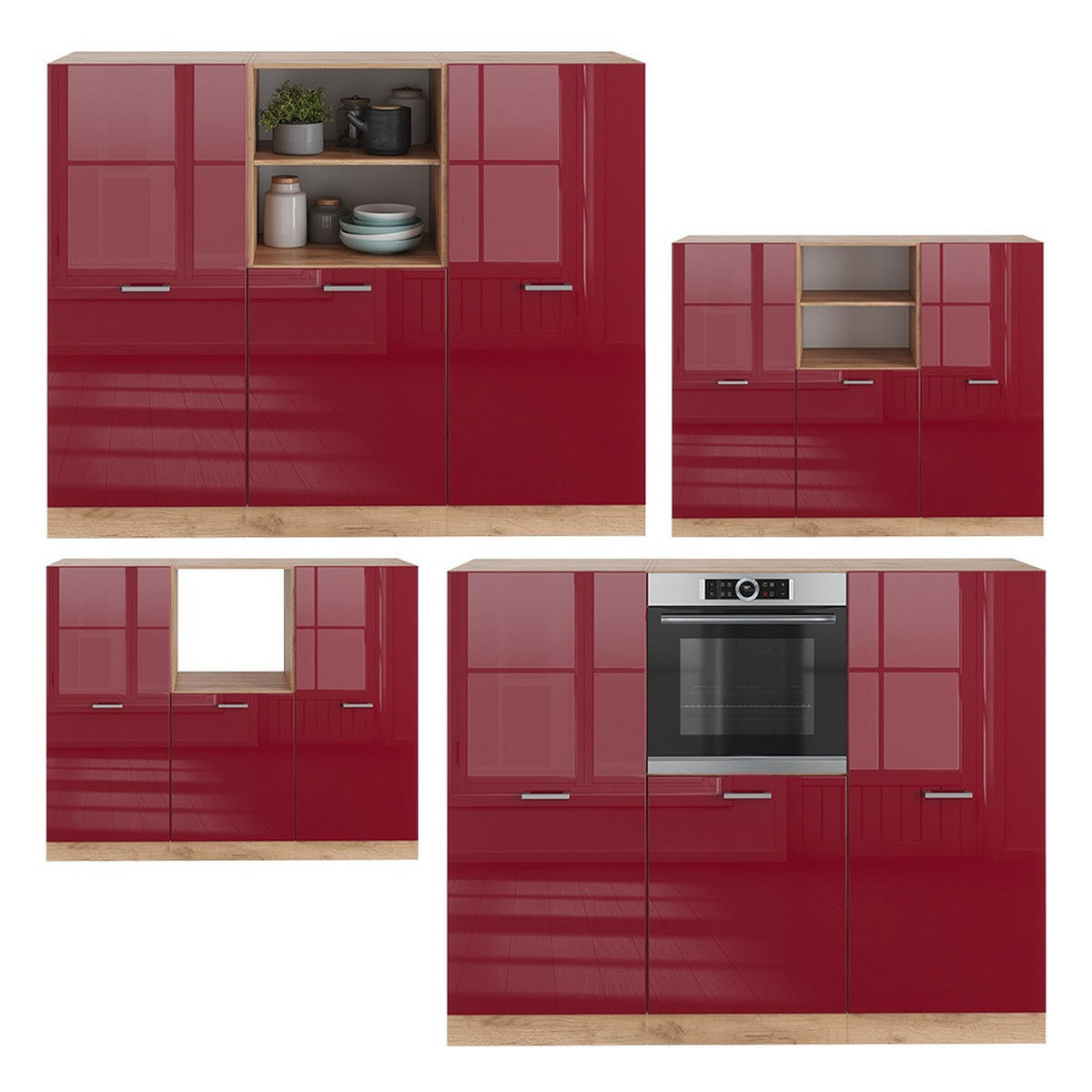 KÜCHENBLOCK R-Line Rot Hochglanz/Goldkraft Eiche 180 cm ohne Arbeitsplatte - Honigeiche/Rot, Holzwerkstoff (180/143/46cm) - Vicco