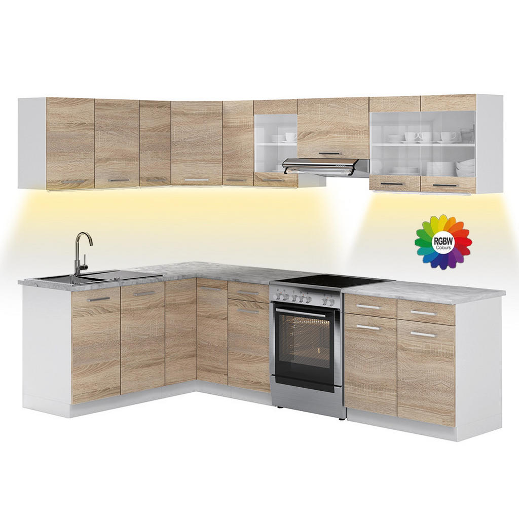 BUCATARIE DE COLT R-Line, Sonoma/Alb, 267 x 167 cm, marmura AP cu benzi LED
