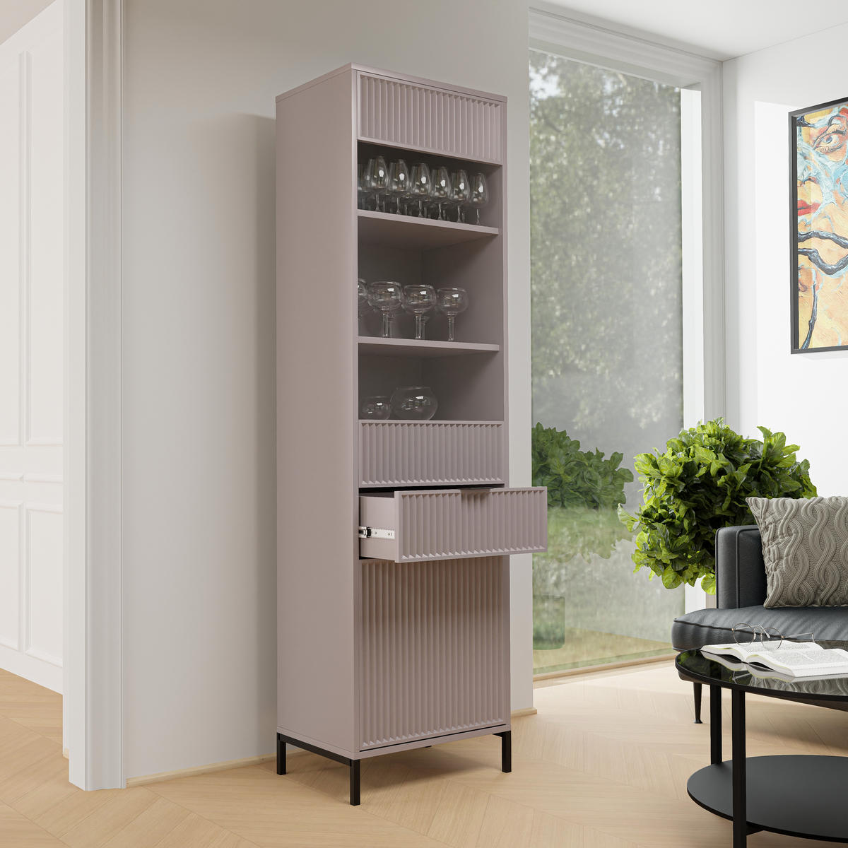 GLASVITRINE klein mit 1 Schublade und 2 Türen, Beige - Beige, Holzwerkstoff (196/55/41cm) - Idohome
