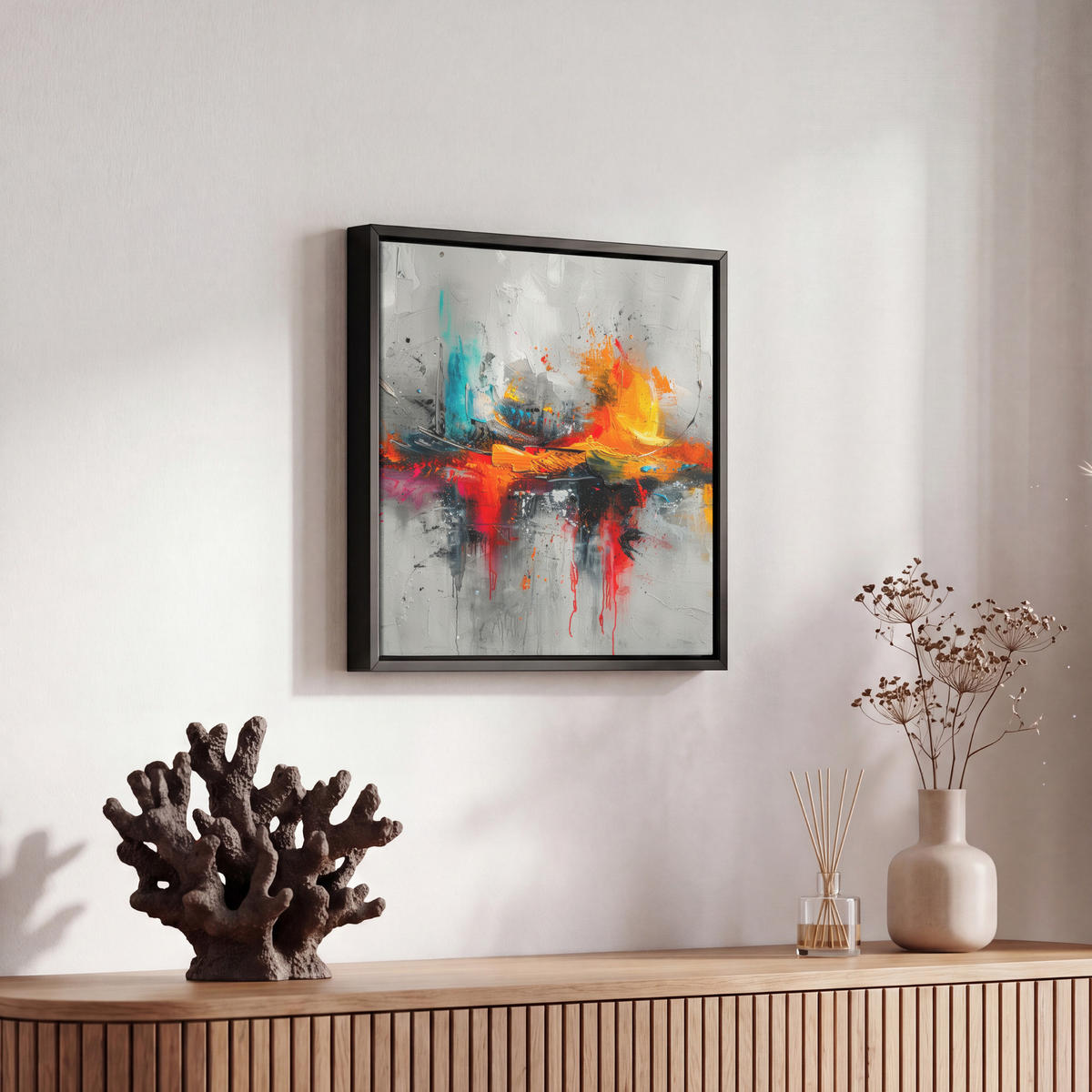 LEINWAND Bilder mit Rahmen - Moderne Kunst - Orange - Grau - Abstrakt - 20x20 - Hellgrau, Textil (20/20cm) - MuchoWow