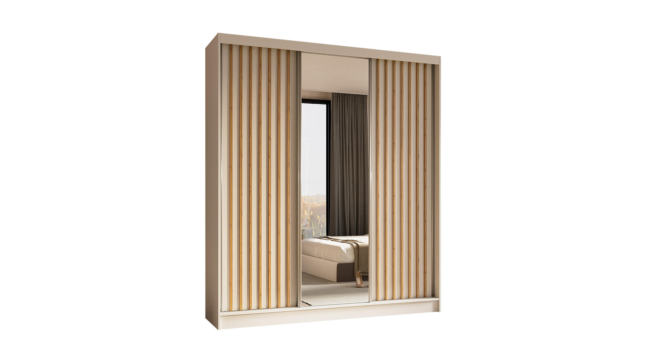 KLEIDERSCHRANK mit Spiegel-Schiebetüren und Aluminium-Leisten, LED-Beleuchtung - LAMELO - 180 cm Weiß+Weiß+Artisan - Weiß, Holzwerkstoff (180/216/61cm) - ALTDECOR