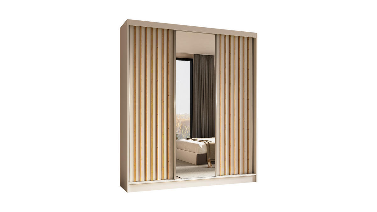 KLEIDERSCHRANK mit Spiegel-Schiebetüren und Aluminium-Leisten, LED-Beleuchtung - LAMELO - 180 cm Weiß+Weiß+Artisan - Weiß, Holzwerkstoff (180/216/61cm) - ALTDECOR